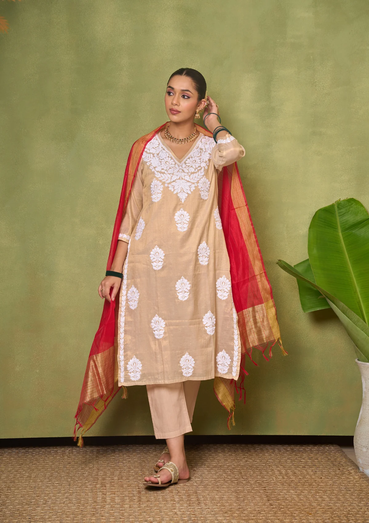 HOC Tissue Silk Chikankari Solid Women's 4 PC Long Kurta Set - Golden