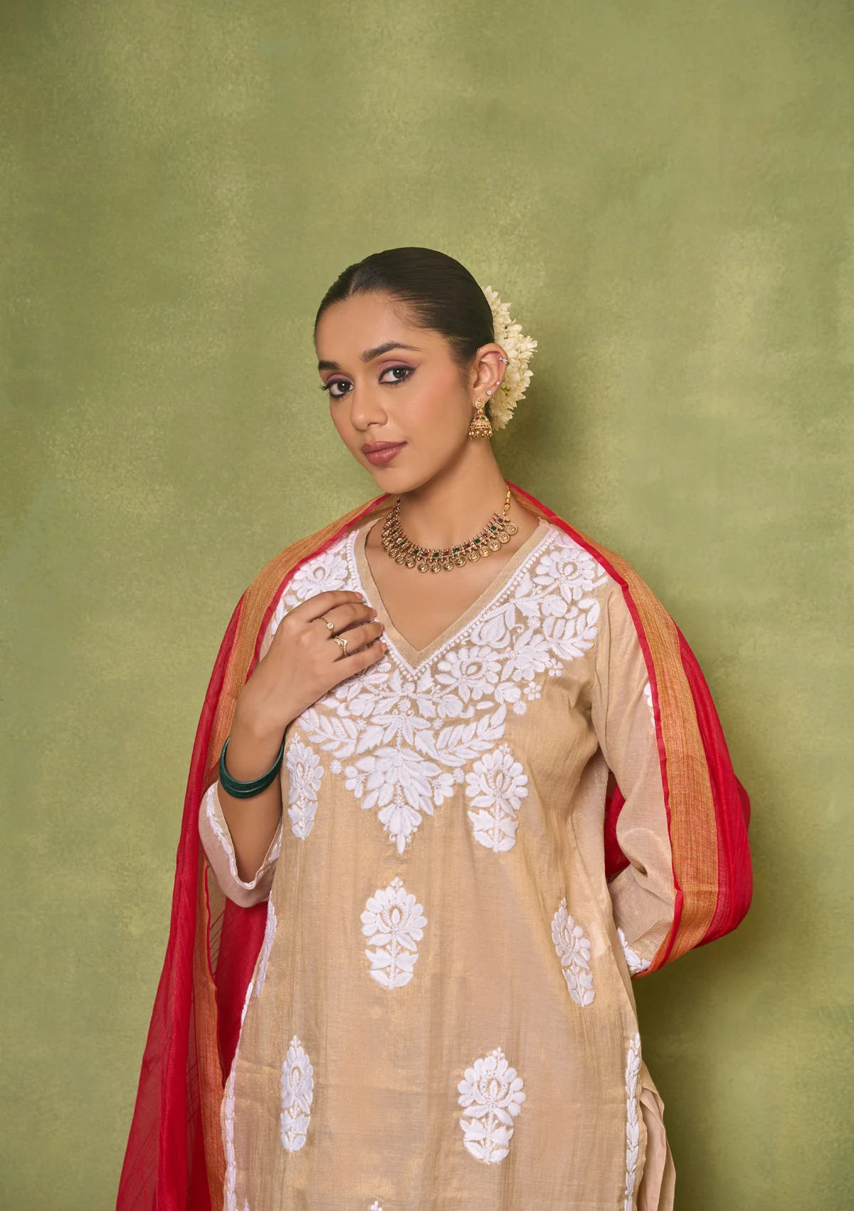 HOC Tissue Silk Chikankari Solid Women's 4 PC Long Kurta Set - Golden - Image 2