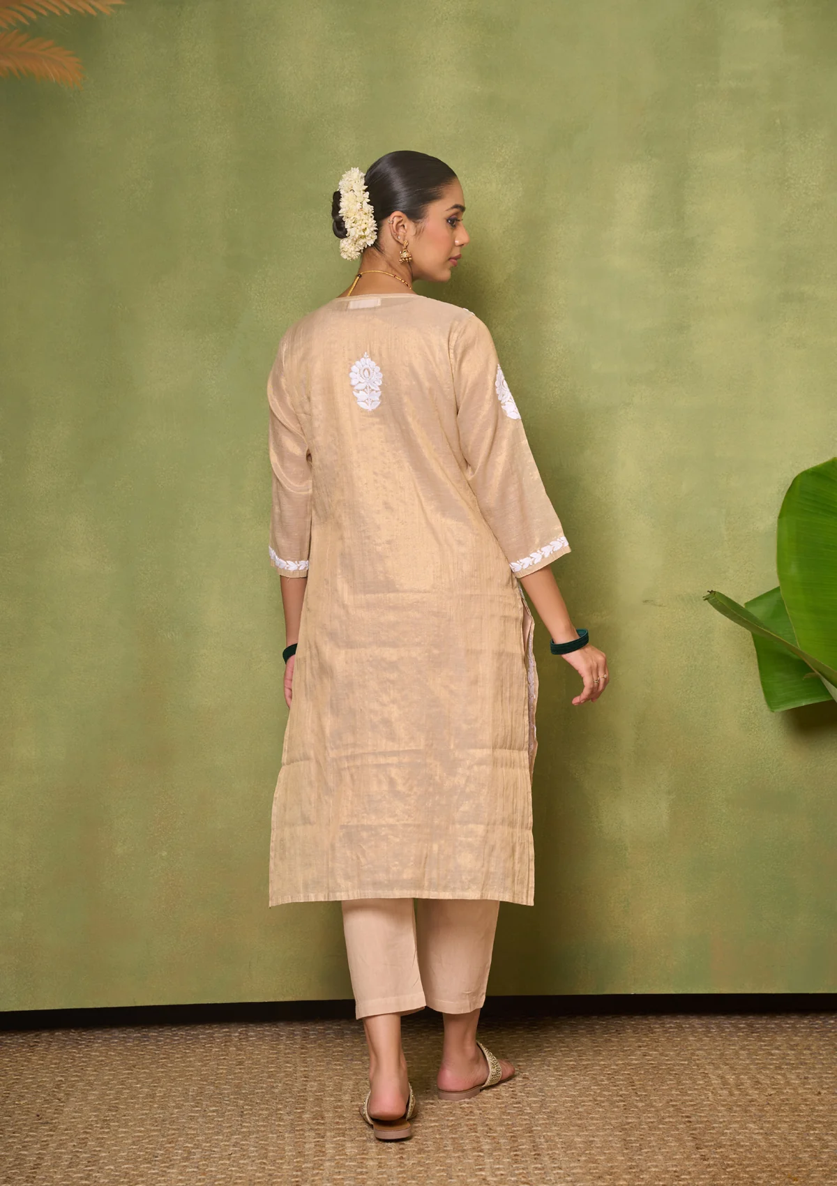 HOC Tissue Silk Chikankari Solid Women's 4 PC Long Kurta Set - Golden - Image 5