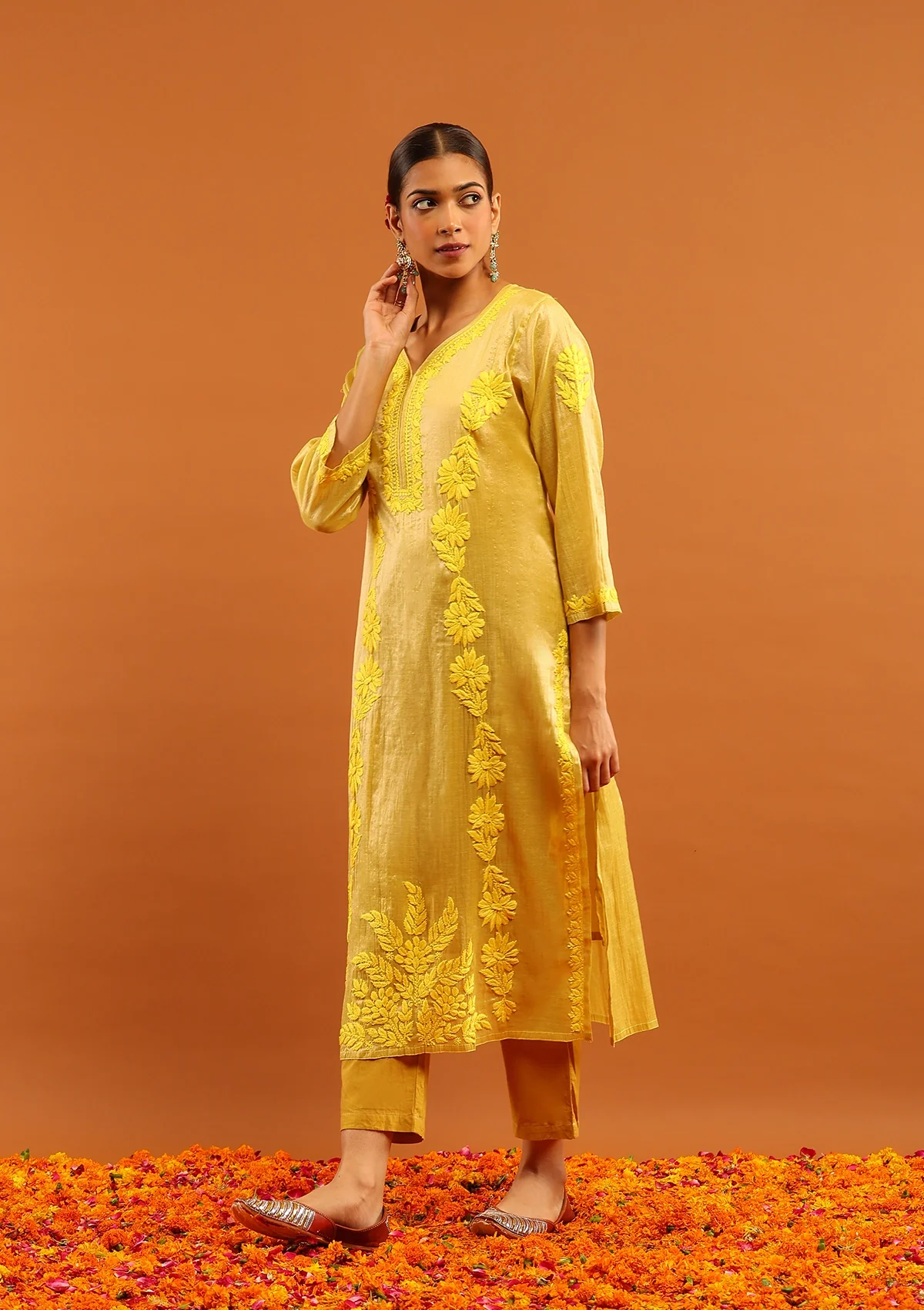 HOC Tissue Silk Chikankari Solid Women's Long Kurta With Inner-Yellow - Image 4
