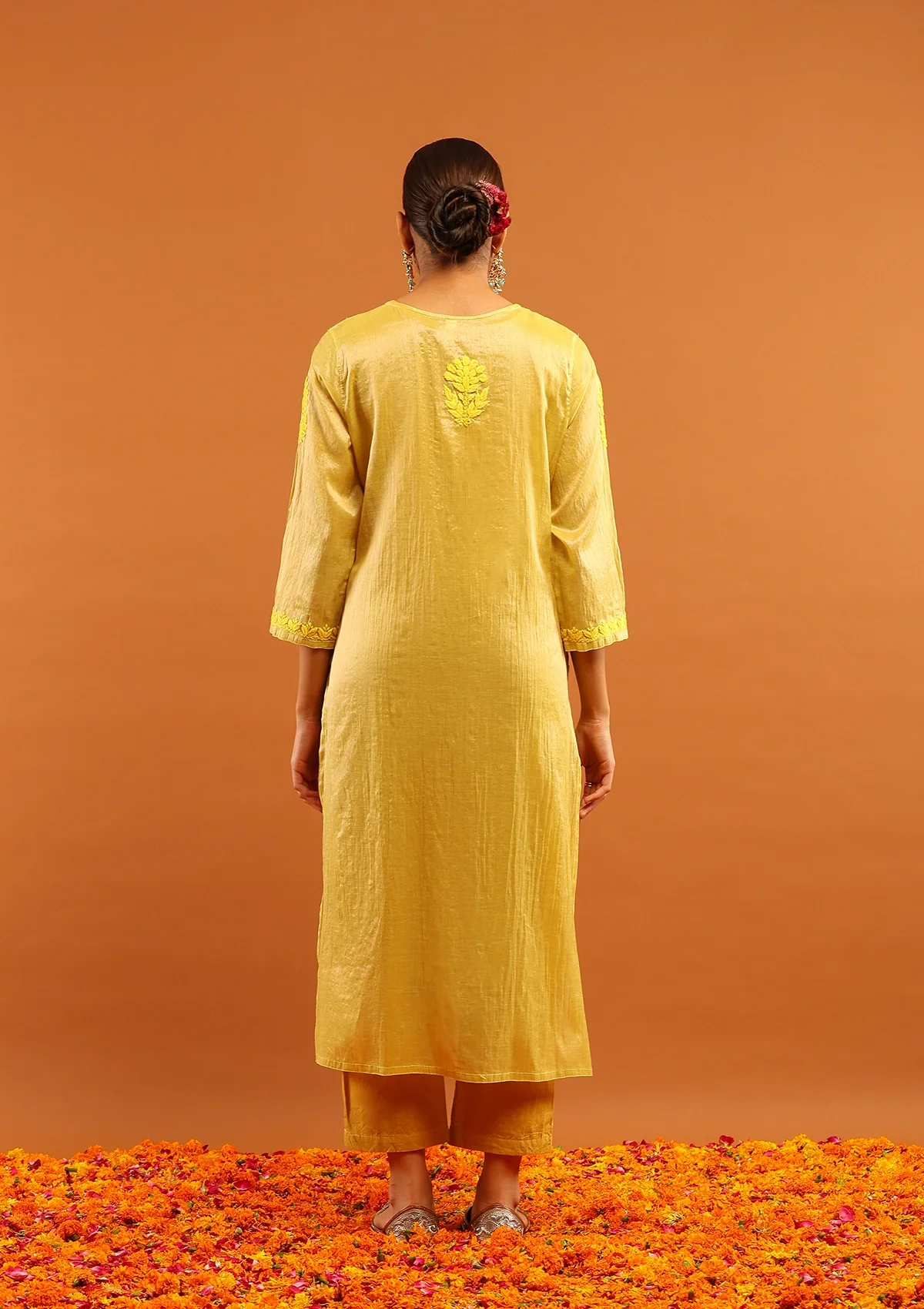 HOC Tissue Silk Chikankari Solid Women's Long Kurta With Inner-Yellow - Image 6