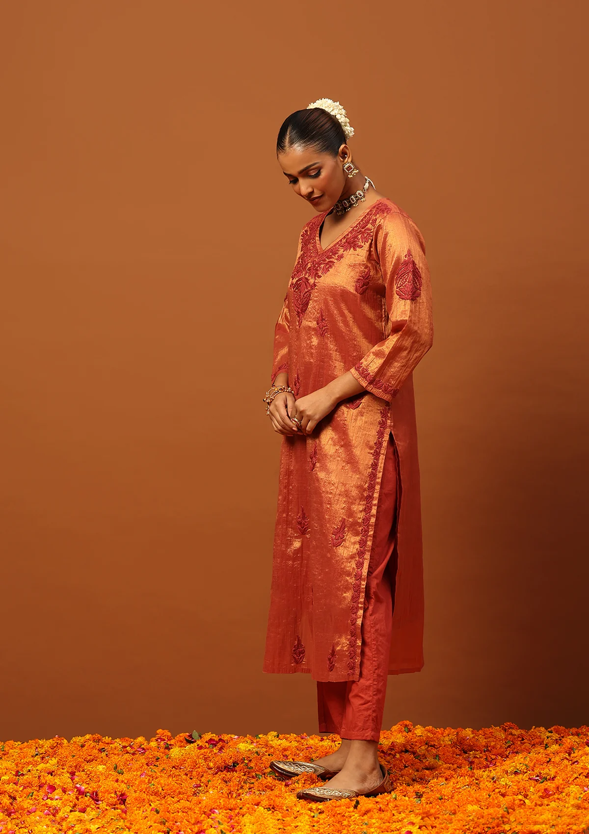 HOC Tissue Silk Chikankari Solid Women's Long Kurta With Inner-Copper - Image 3