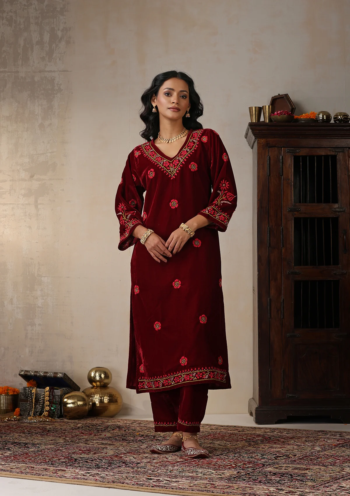 HOC Velvet Chikankari Solid Women's 2 PC Long Kurta Set - Maroon