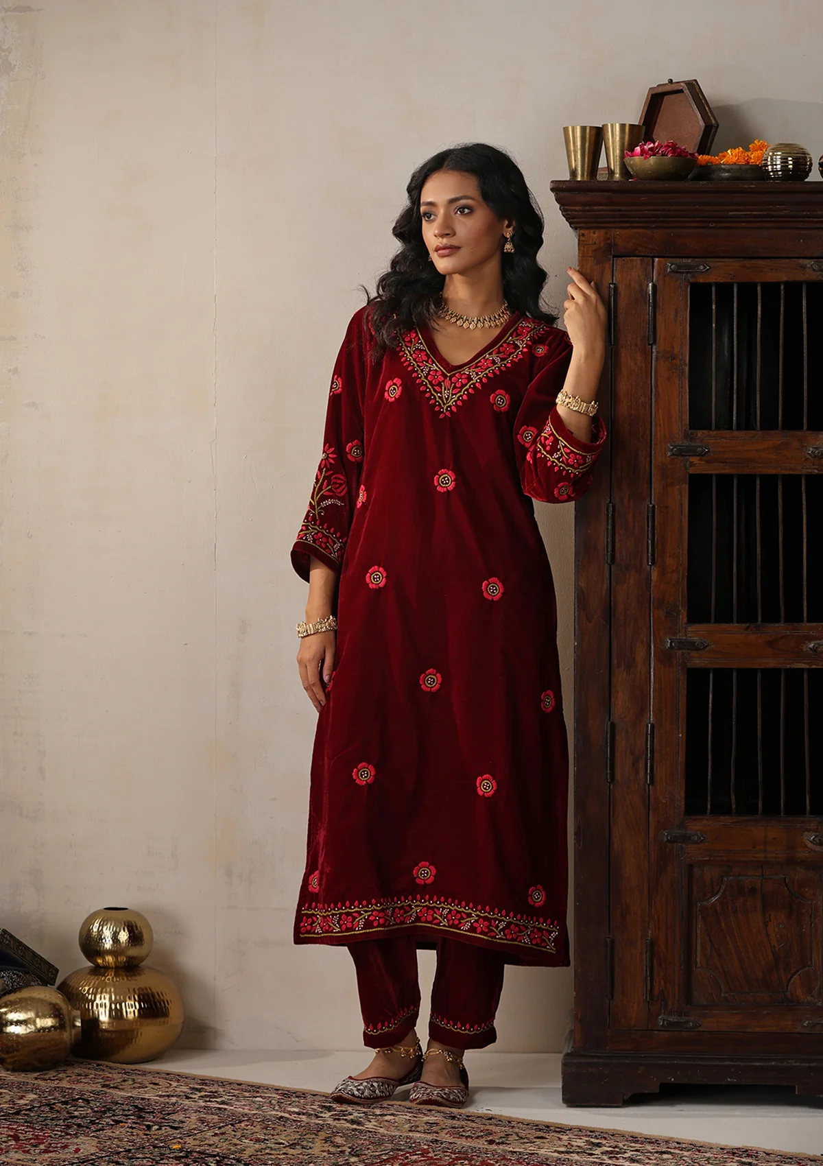 HOC Velvet Chikankari Solid Women's 2 PC Long Kurta Set - Maroon - Image 4