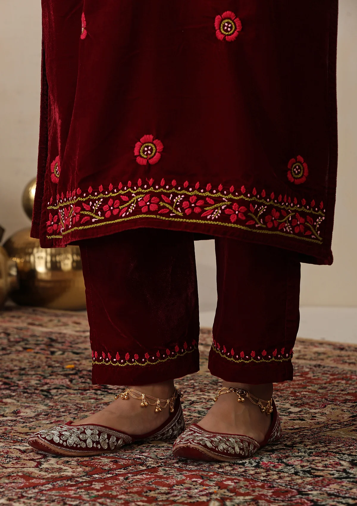 HOC Velvet Chikankari Solid Women's 2 PC Long Kurta Set - Maroon - Image 6