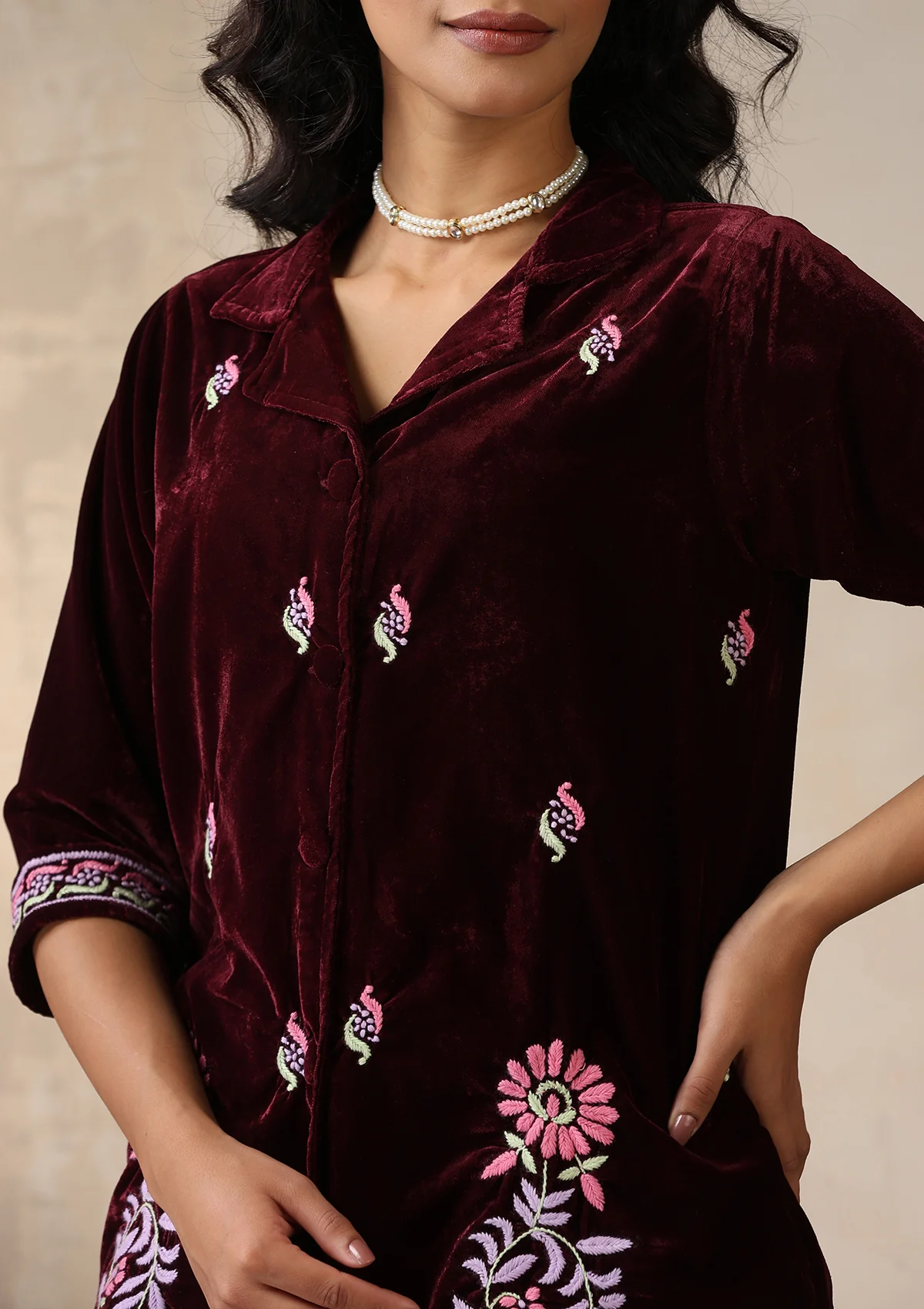 HOC Velvet Chikankari Solid Women's 2 PC Co-ord Set - Maroon - Image 5