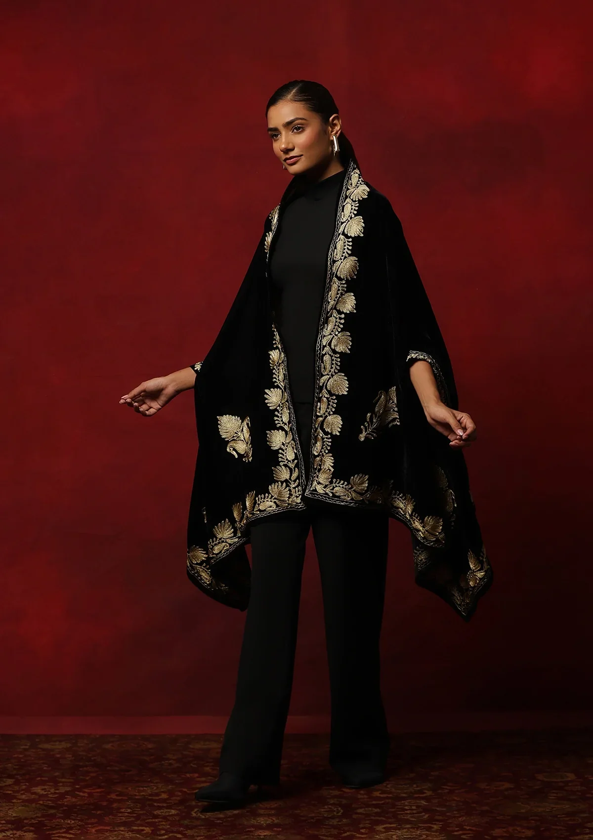 HOC Velvet Tilla Embroidered Solid Women's Cape -Black - Image 3