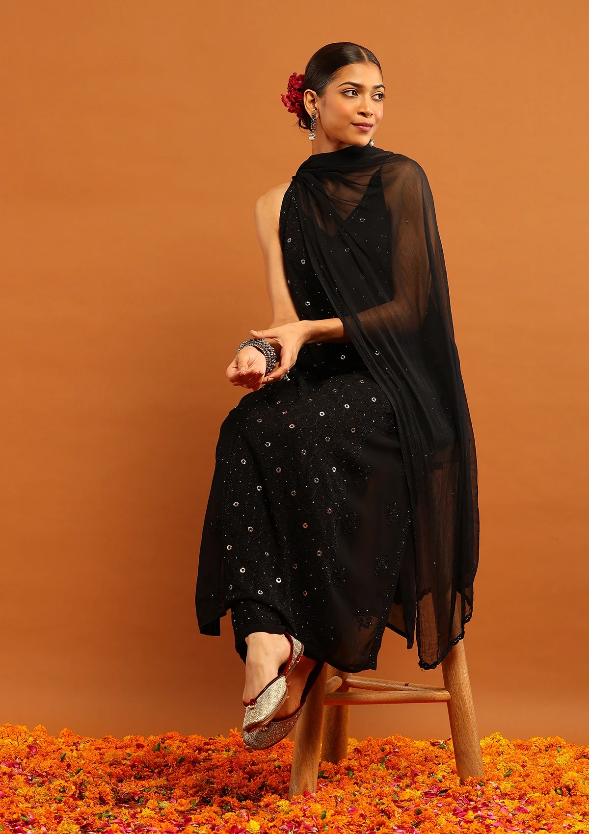 HOC Viscose Georgette Chikankari Mukaish & Kamdani Solid Women's 3 PC Long Kurta Set-Black - Image 5