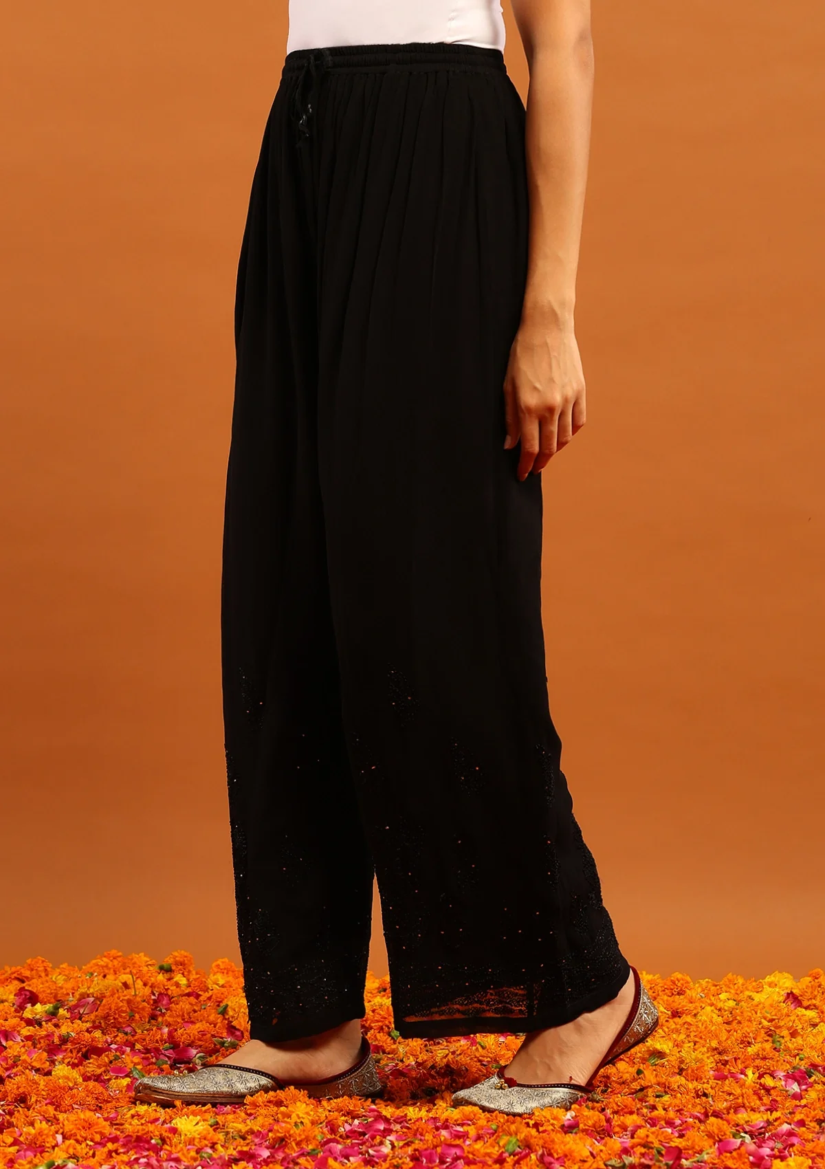 HOC Viscose Georgette Chikankari Mukaish & Kamdani Solid Women's 3 PC Long Kurta Set-Black - Image 6