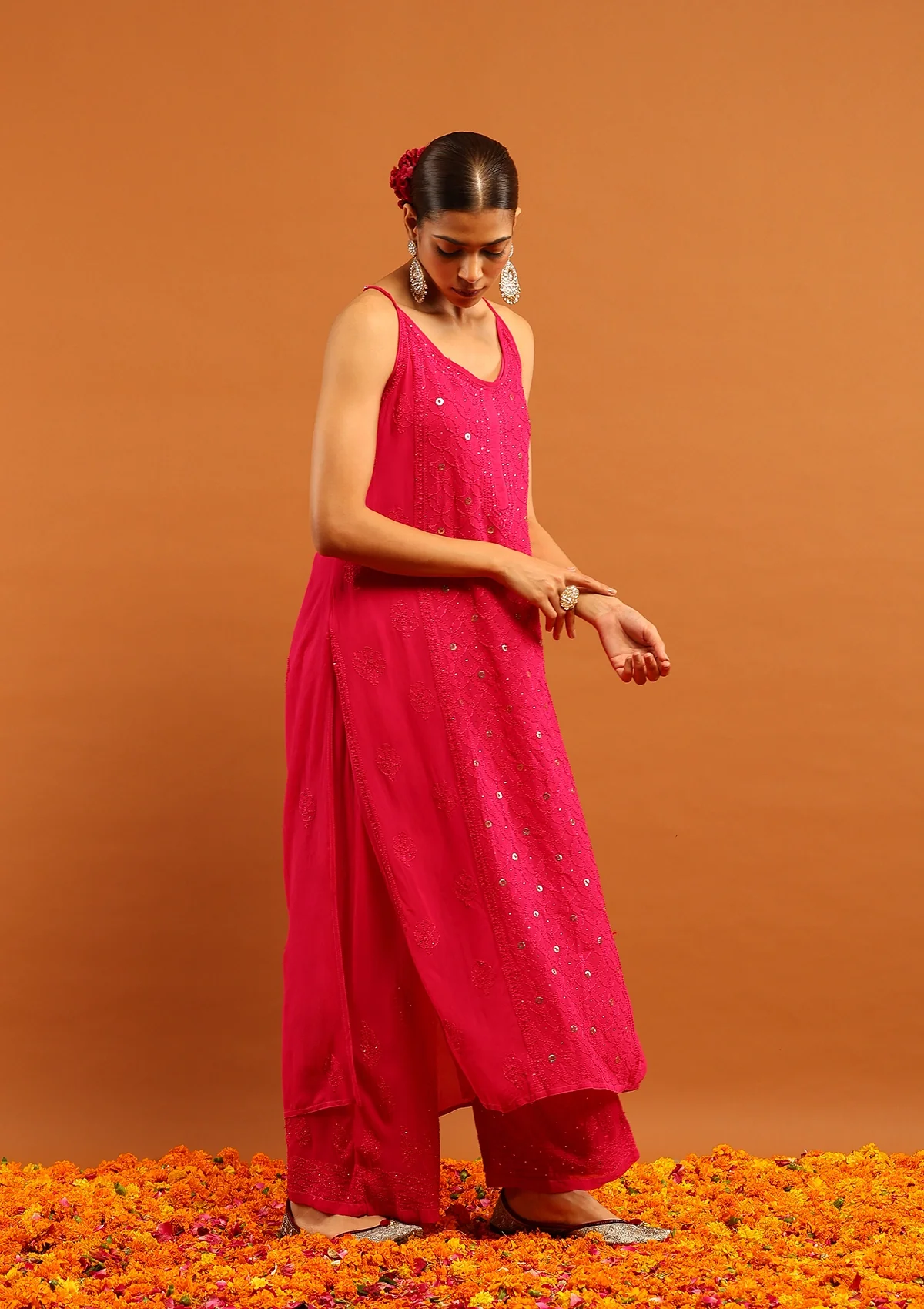 HOC Viscose Georgette Chikankari Mukaish & Kamdani Solid Women's 3 PC Long Kurta Set-Magenta - Image 4