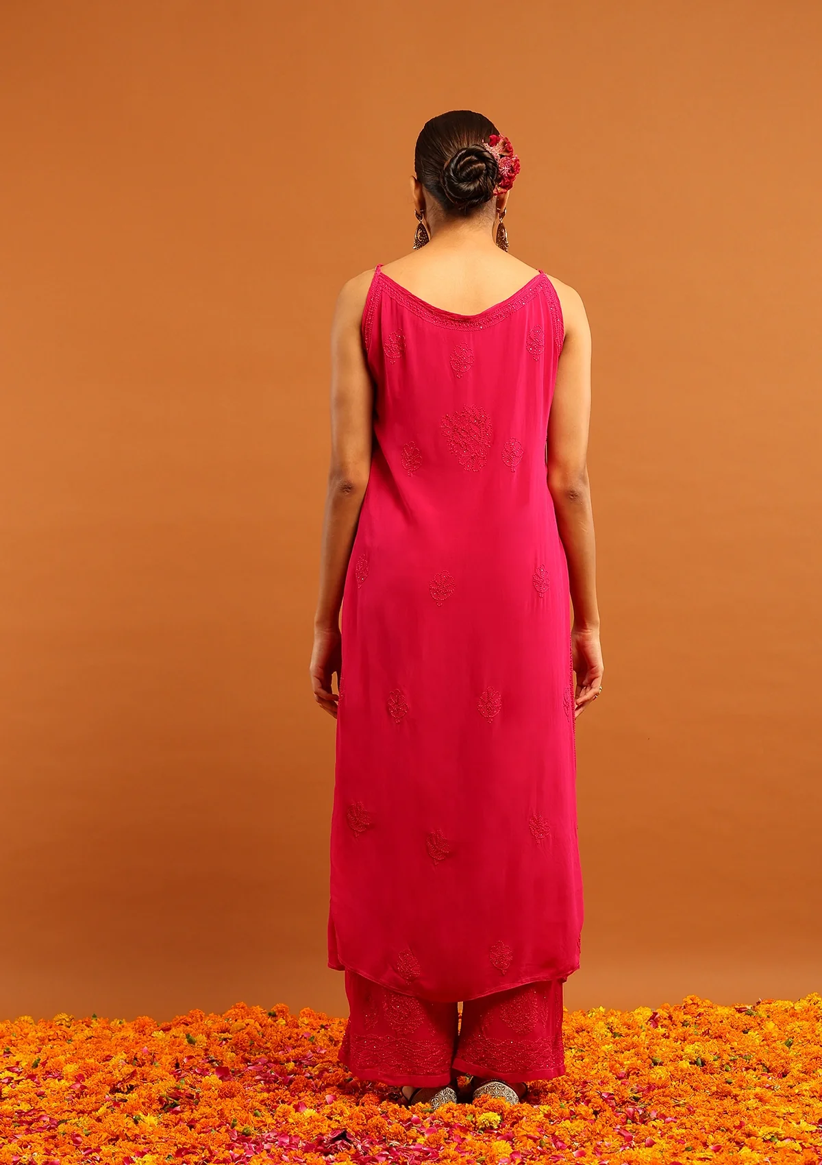 HOC Viscose Georgette Chikankari Mukaish & Kamdani Solid Women's 3 PC Long Kurta Set-Magenta - Image 7