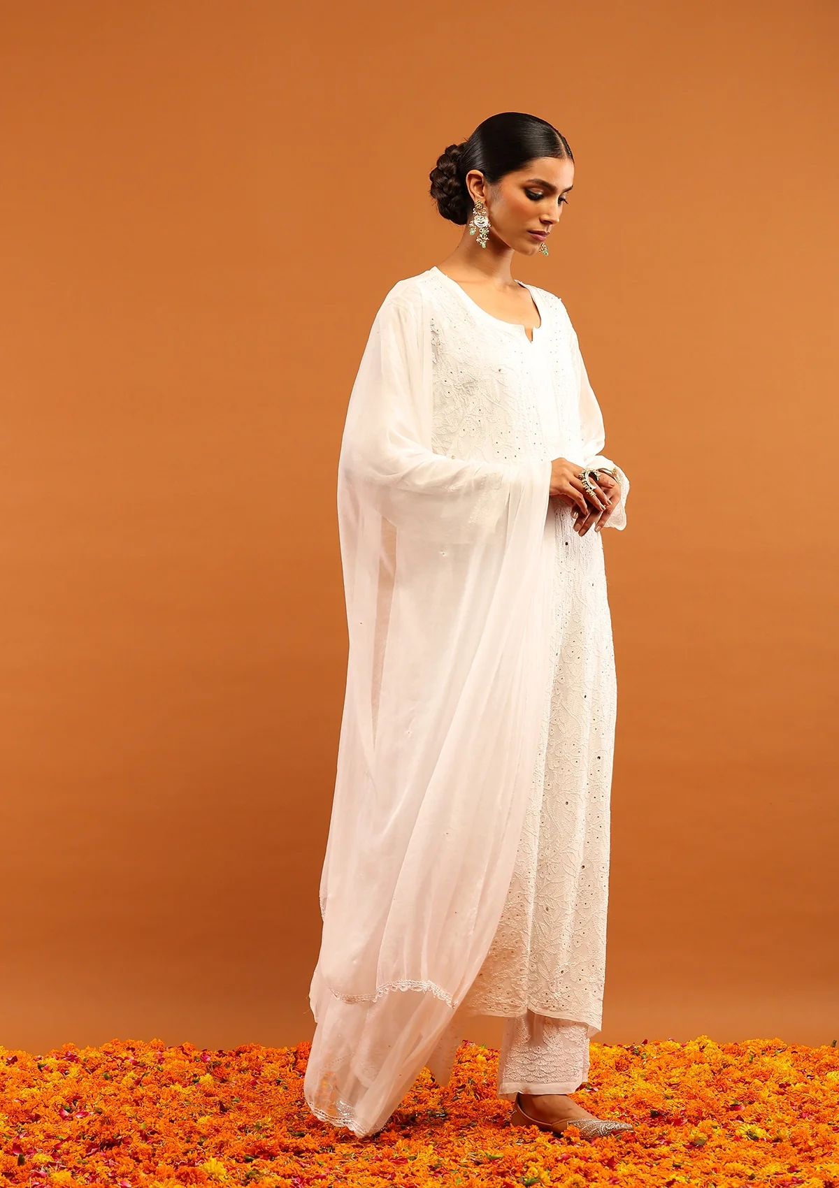 HOC Viscose Georgette Chikankari Mukaish & Kamdani Solid Women's 4 PC Long Kurta Set-White - Image 5
