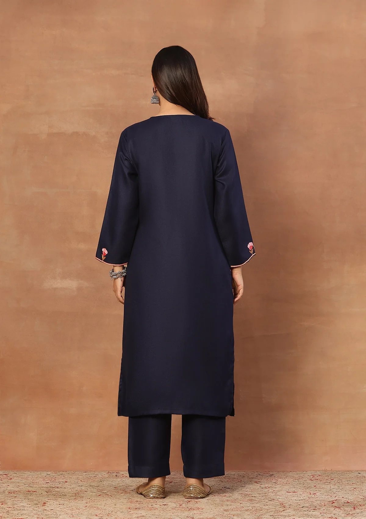 HOC Wool Aari Embroidered Solid Women's 2 PC Long Kurta Set-Navy - Image 6
