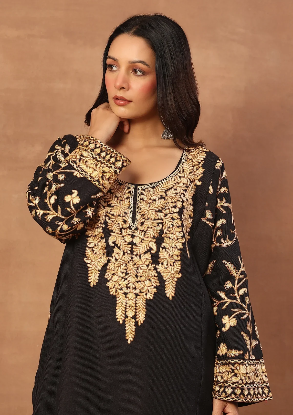 HOC Wool Aari Embroidered Solid Women's 3 Pc Long Phiran Set - Black - Image 4