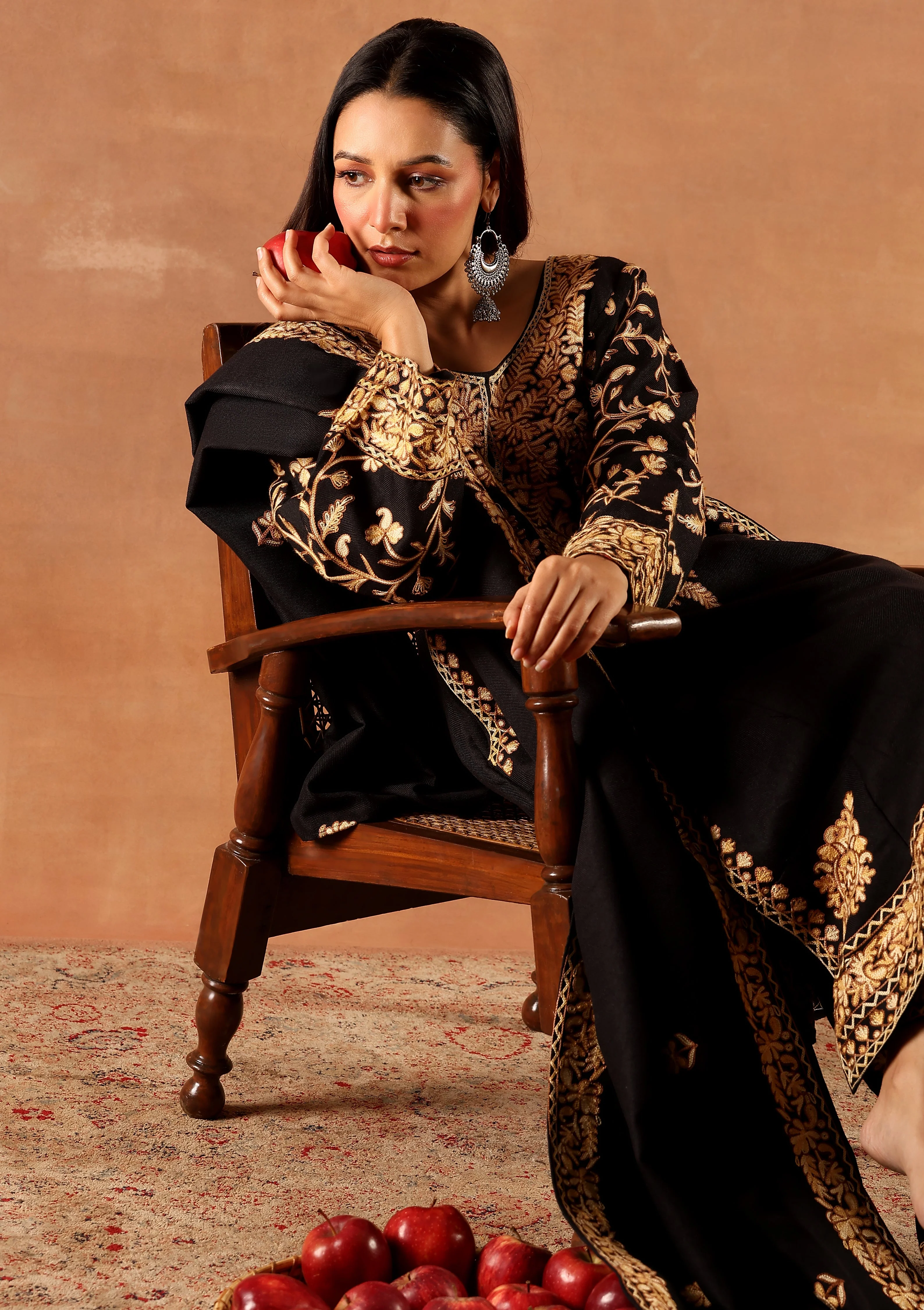 HOC Wool Aari Embroidered Solid Women's 3 Pc Long Phiran Set - Black - Image 8