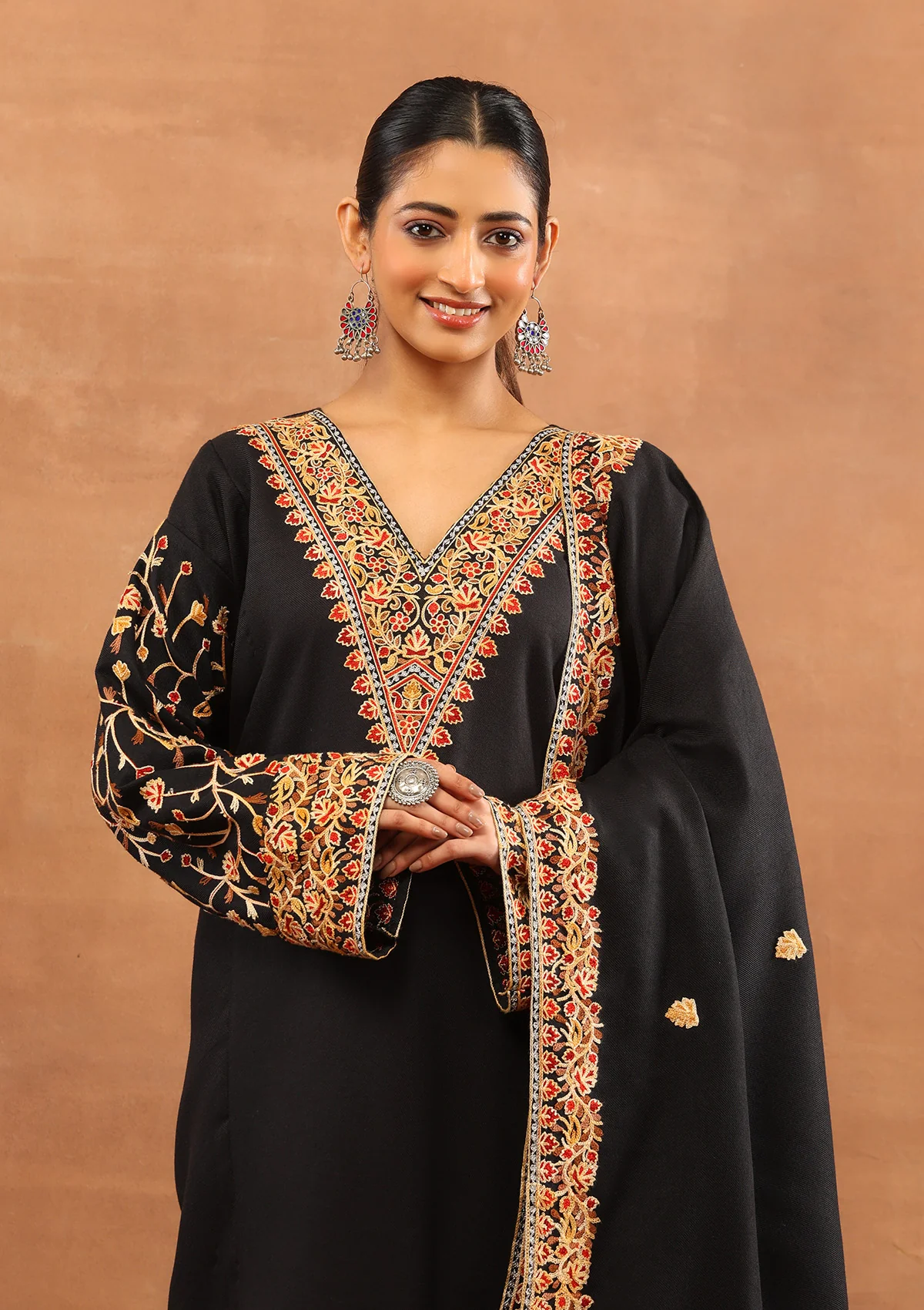 HOC Wool Aari Embroidered Solid Women's 3 PC Long Phiran Set - Black - Image 2