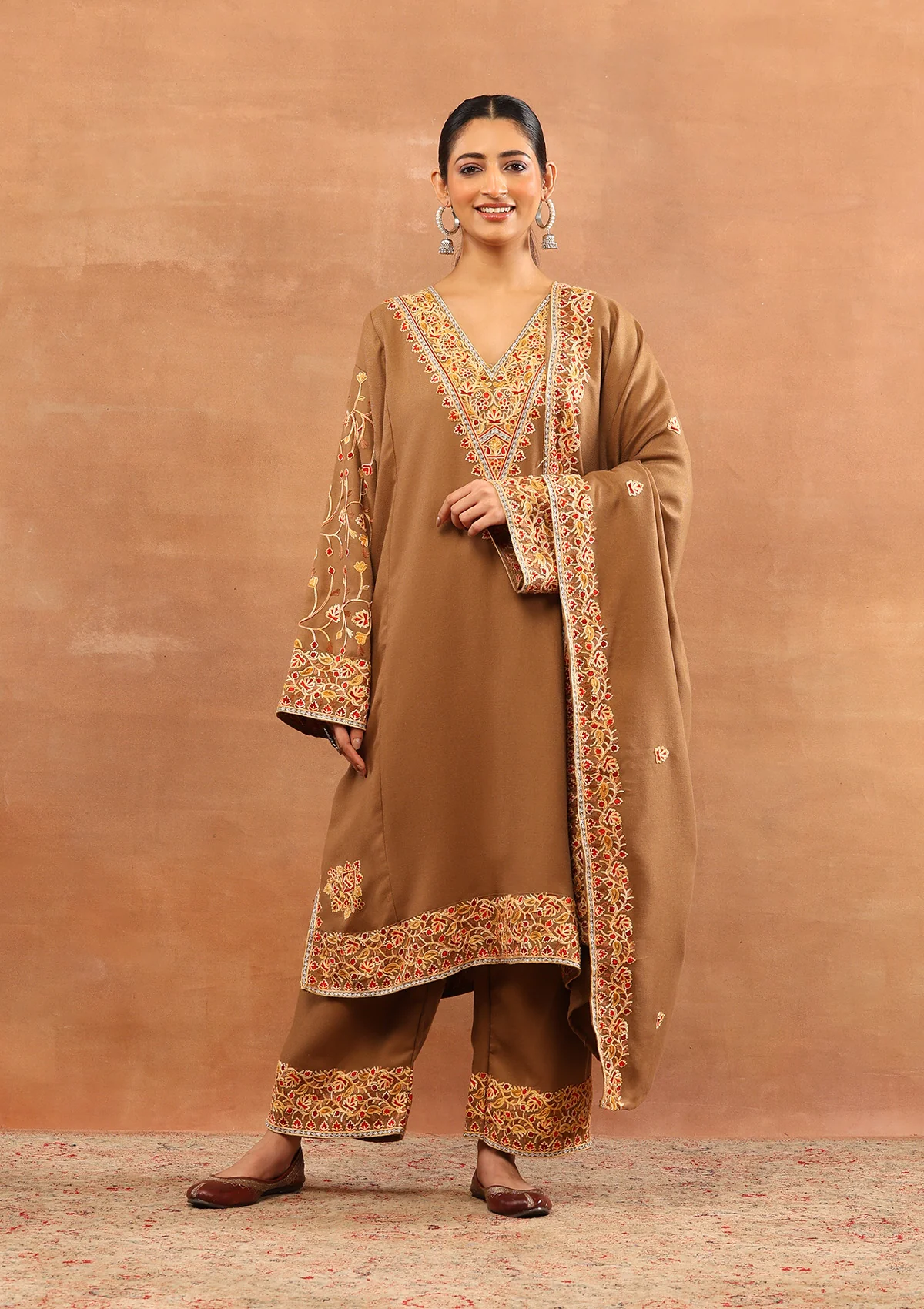 HOC Wool Aari Embroidered Solid Women's 3 PC Long Phiran Set - Brown