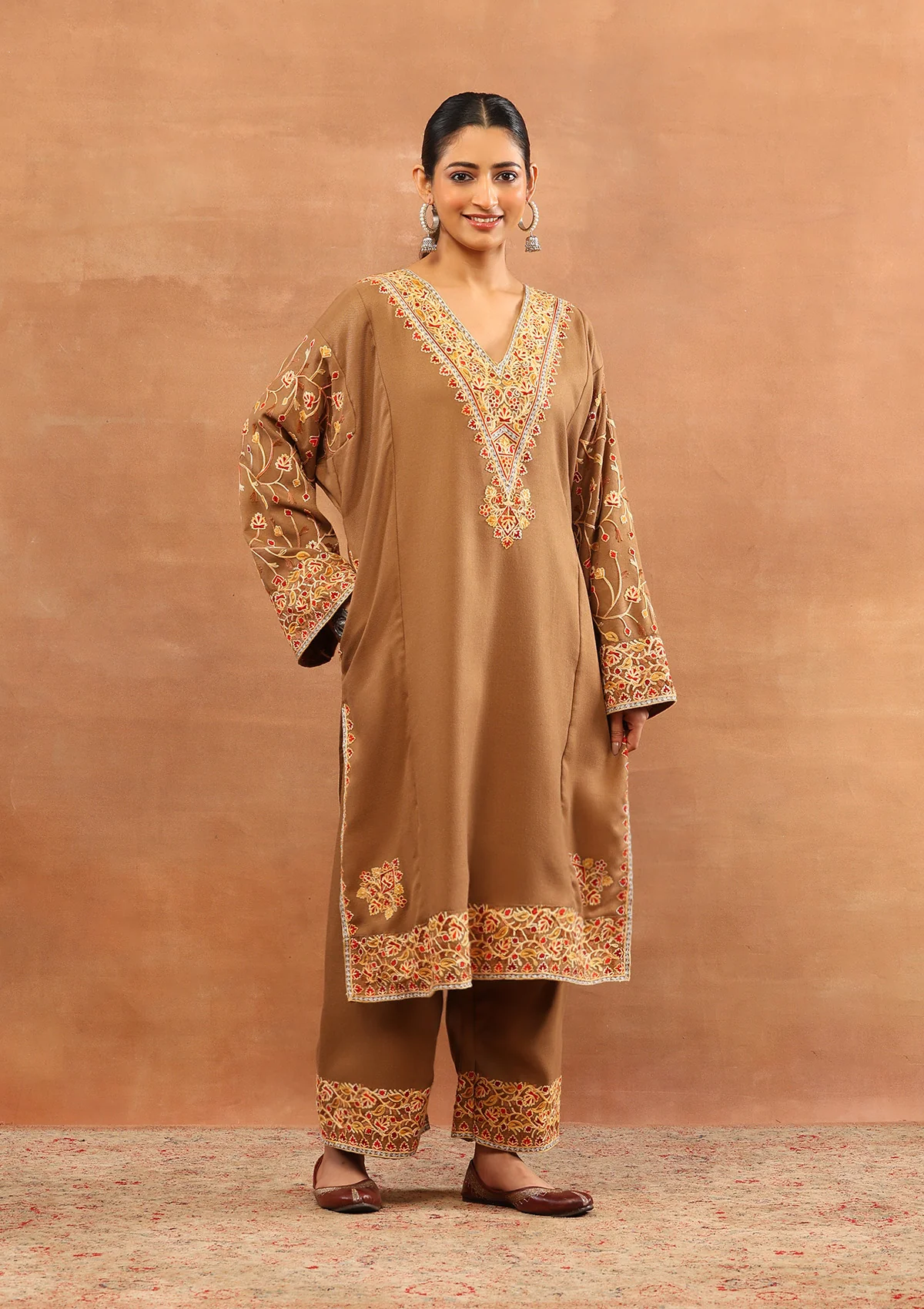 HOC Wool Aari Embroidered Solid Women's 3 PC Long Phiran Set - Brown - Image 4