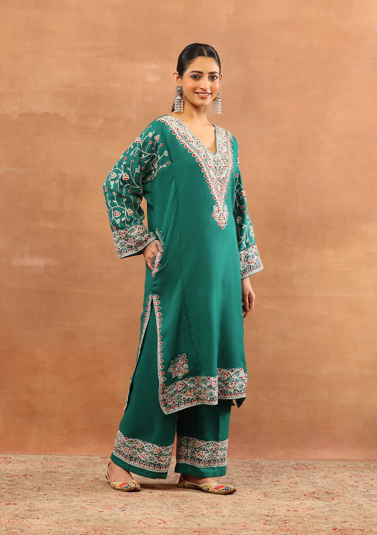 HOC Wool Aari Embroidered Solid Women's 3 PC Long Phiran Set - Green - Image 4