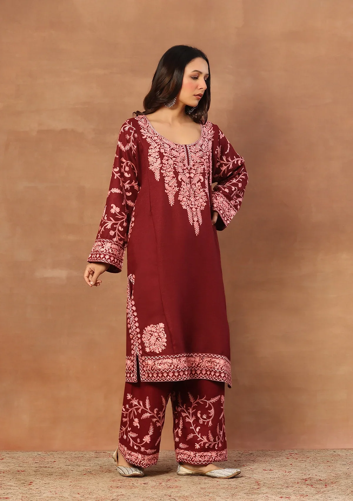 HOC Wool Aari Embroidered Solid Women's 3 Pc Long Phiran Set - Maroon - Image 4