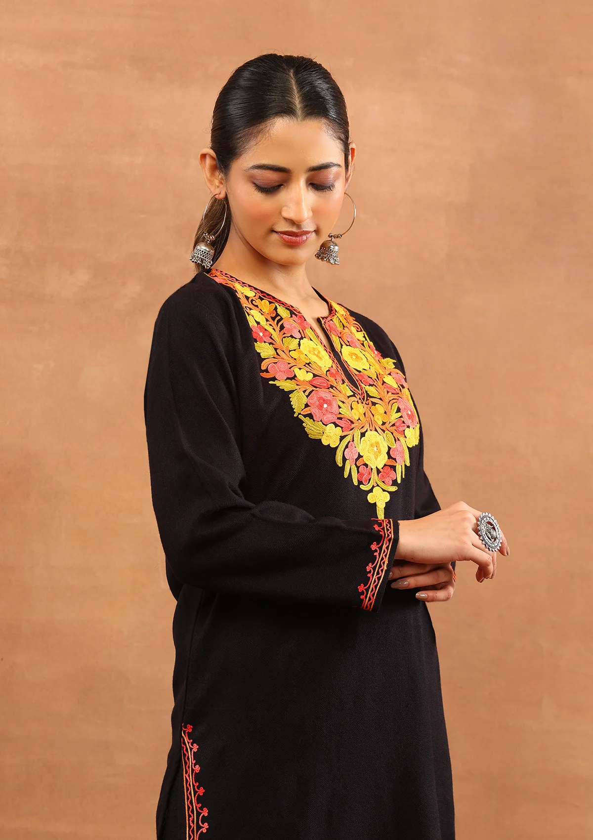 HOC Wool Aari Embroidered Solid Women's Long Kurta - Black - Image 2