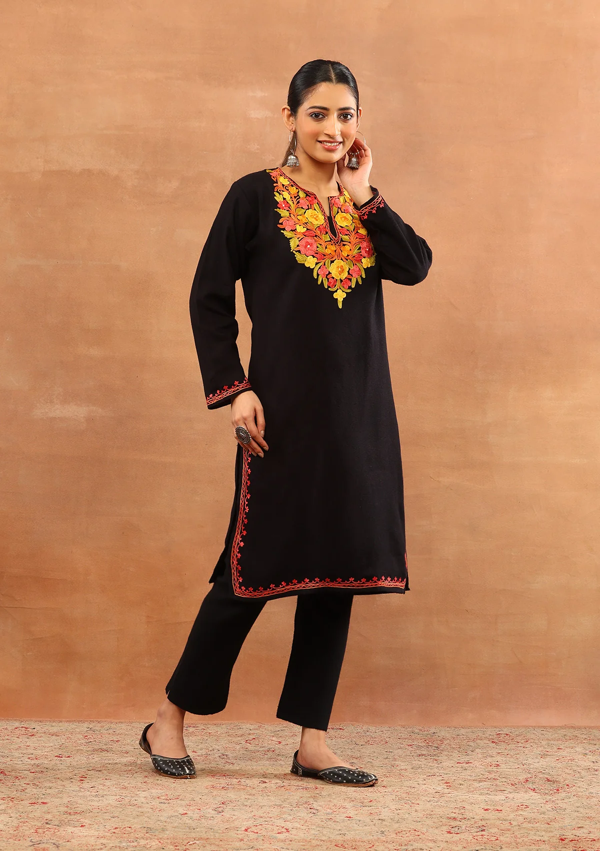 HOC Wool Aari Embroidered Solid Women's Long Kurta - Black - Image 3