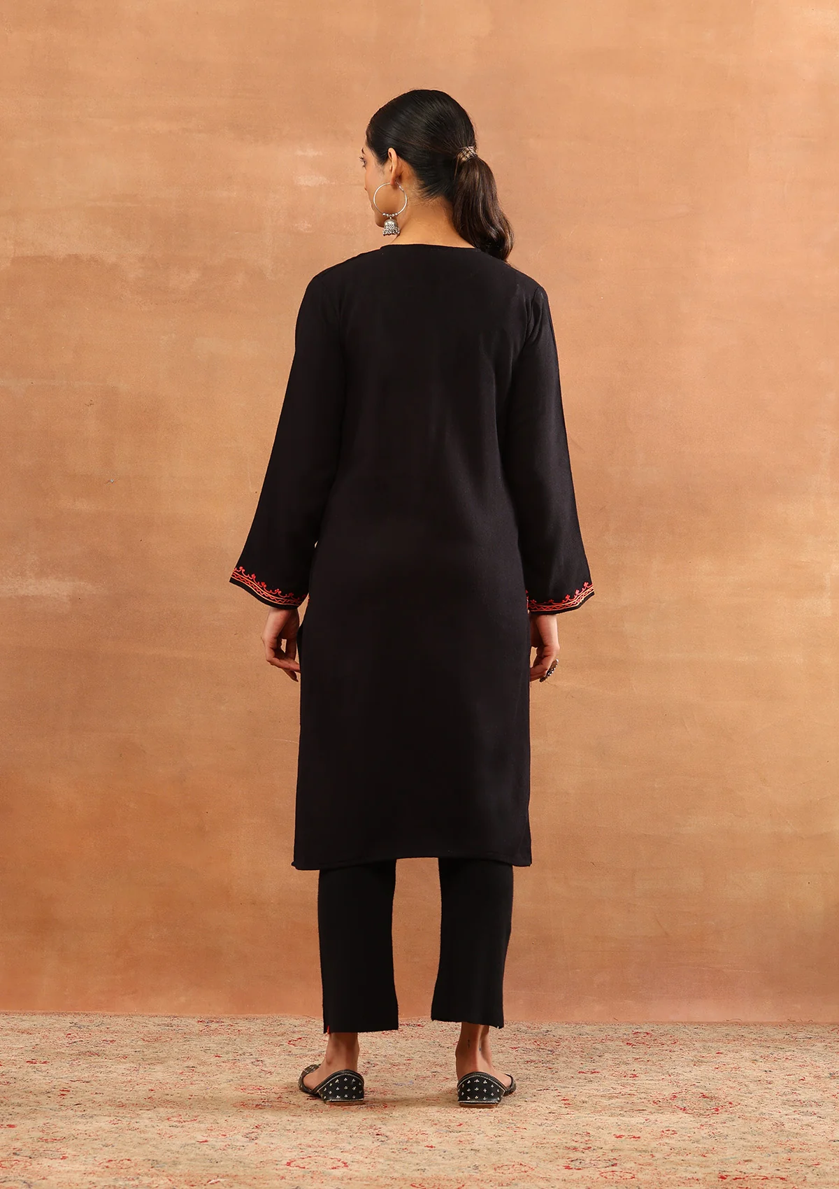 HOC Wool Aari Embroidered Solid Women's Long Kurta - Black - Image 5