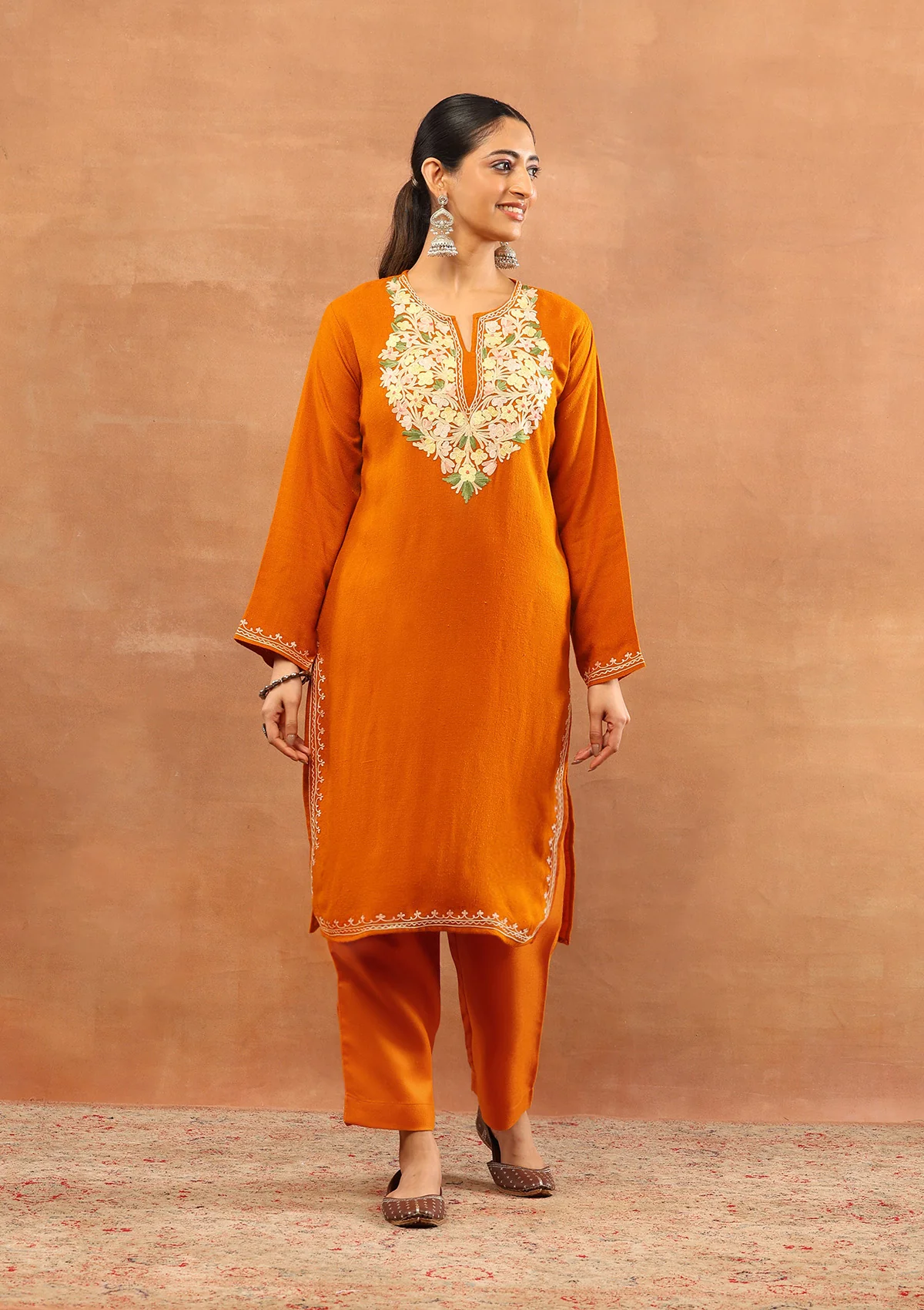 HOC Wool Aari Embroidered Solid Women's Long Kurta - Mustard