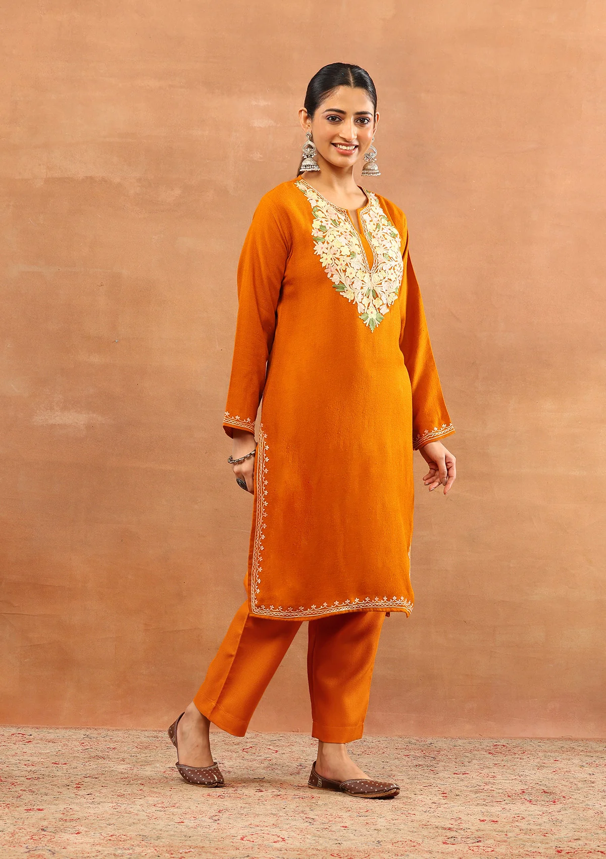 HOC Wool Aari Embroidered Solid Women's Long Kurta - Mustard - Image 4