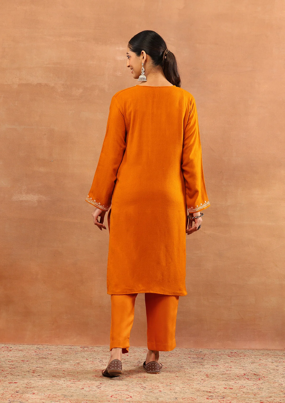 HOC Wool Aari Embroidered Solid Women's Long Kurta - Mustard - Image 5