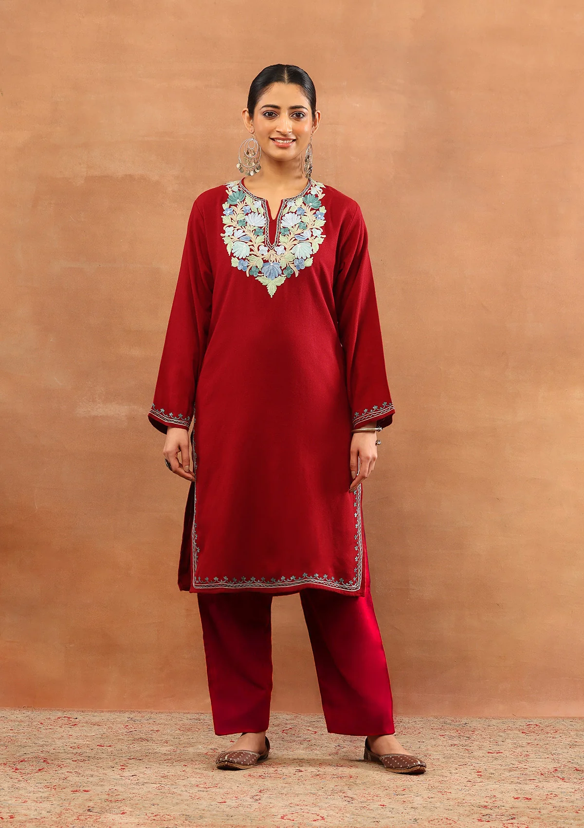 HOC Wool Aari Embroidered Solid Women's Long Kurta - Red