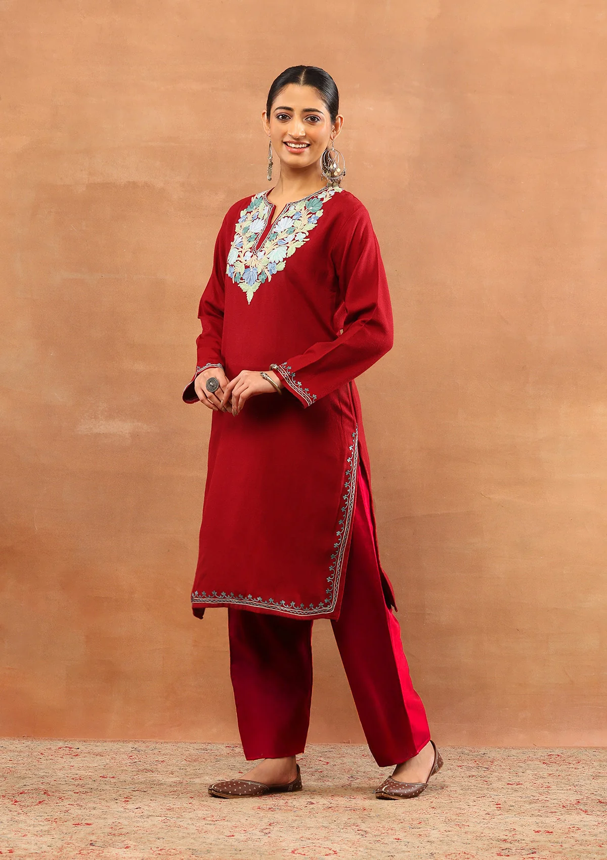HOC Wool Aari Embroidered Solid Women's Long Kurta - Red - Image 3