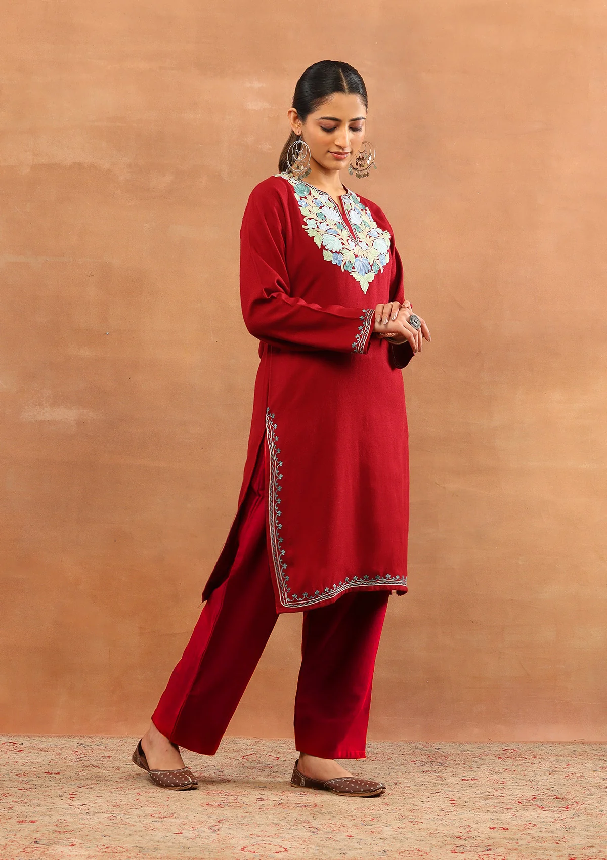 HOC Wool Aari Embroidered Solid Women's Long Kurta - Red - Image 4