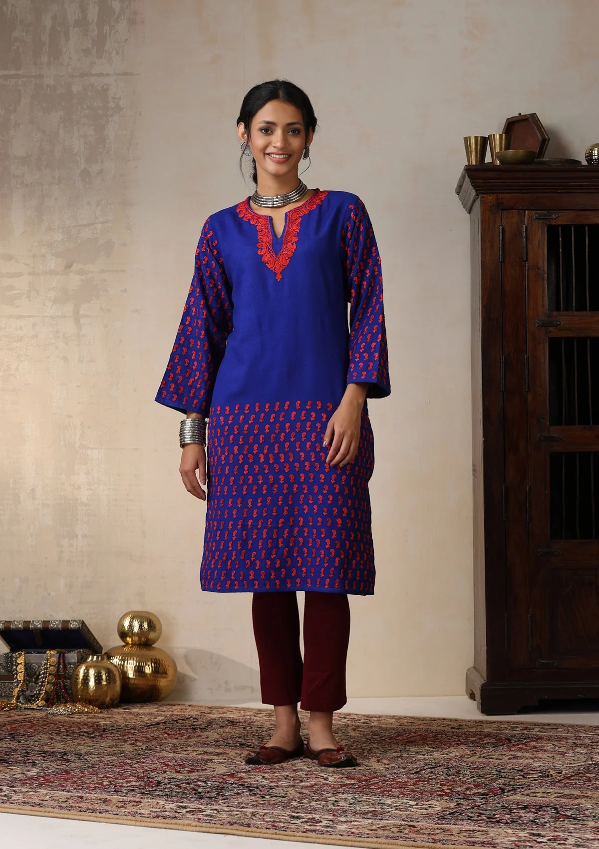 HOC Wool Aari Embroidered Solid Women's Long Kurta - Royal Blue