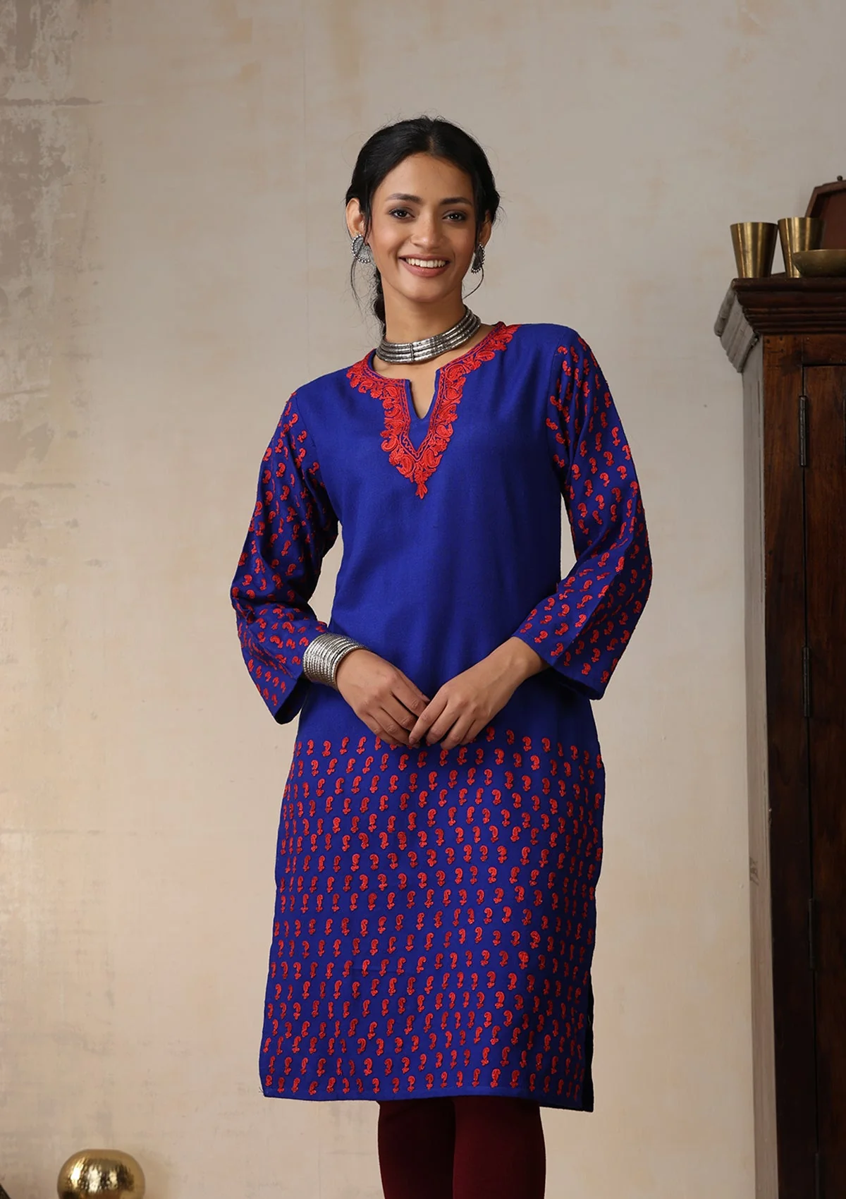 HOC Wool Aari Embroidered Solid Women's Long Kurta - Royal Blue - Image 2