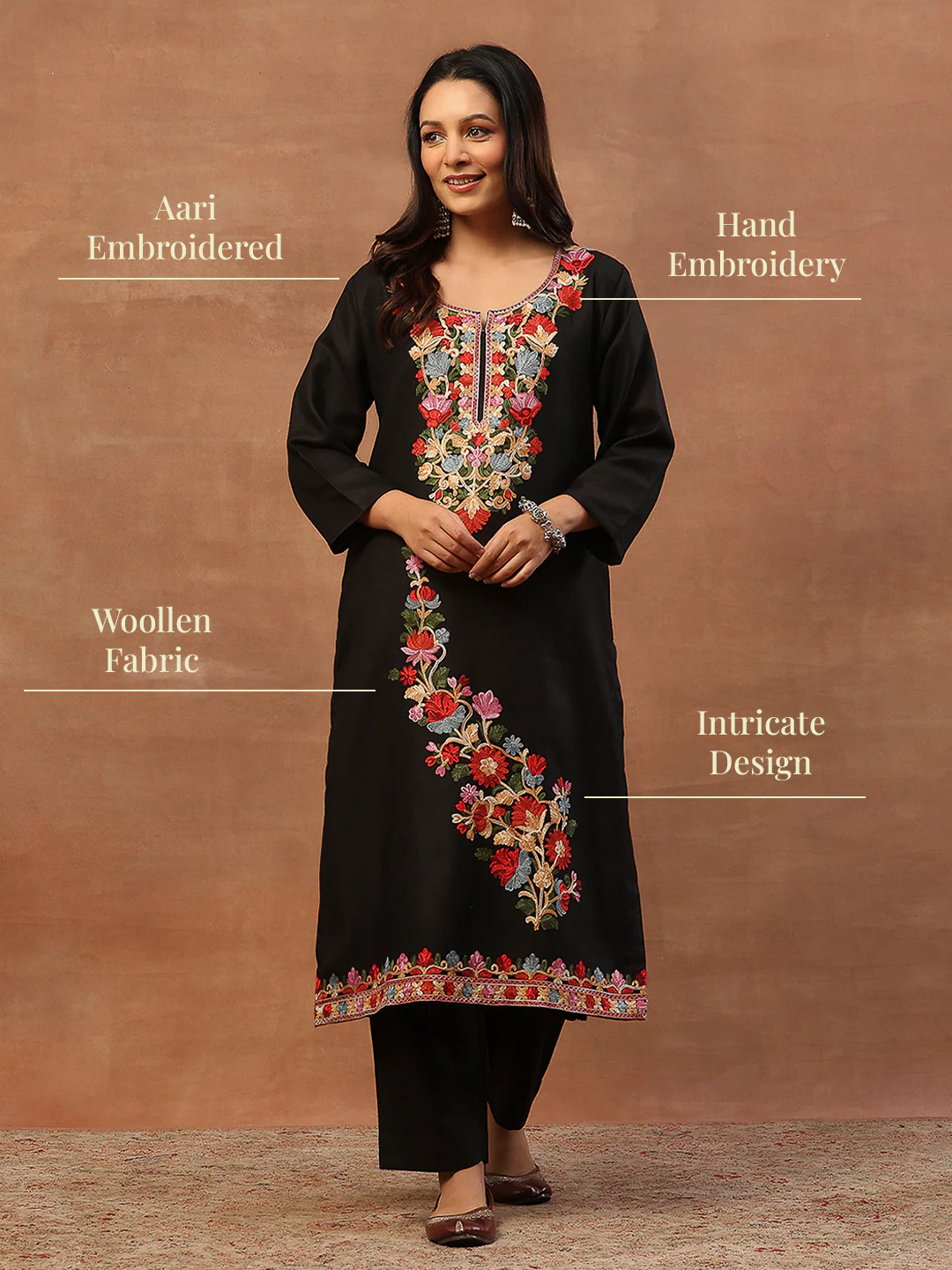 HOC Wool Aari Embroidered Solid Women's Long Kurta Set-Black - Image 7