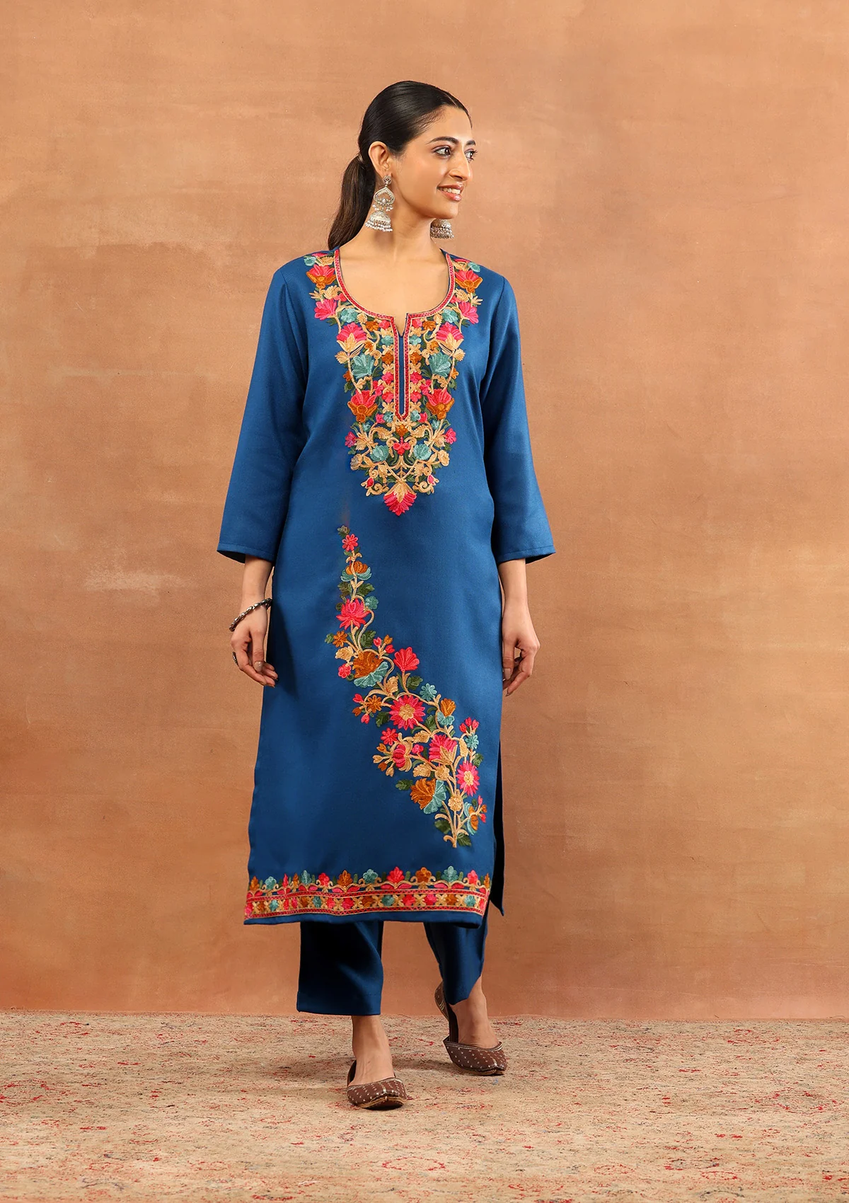 HOC Wool Aari Embroidered Solid Women's Long Kurta Set-Dark Teal - Image 3