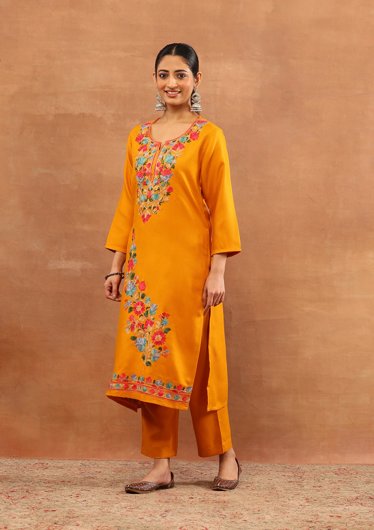 HOC Wool Aari Embroidered Solid Women's Long Kurta Set-Mustard - Image 3