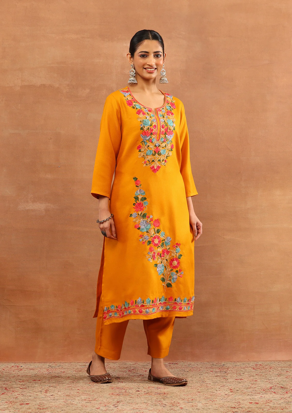HOC Wool Aari Embroidered Solid Women's Long Kurta Set-Mustard - Image 4