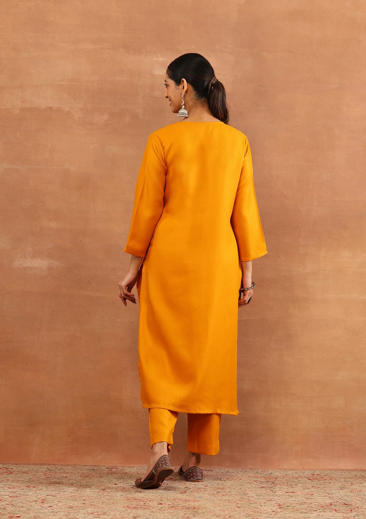 HOC Wool Aari Embroidered Solid Women's Long Kurta Set-Mustard - Image 6