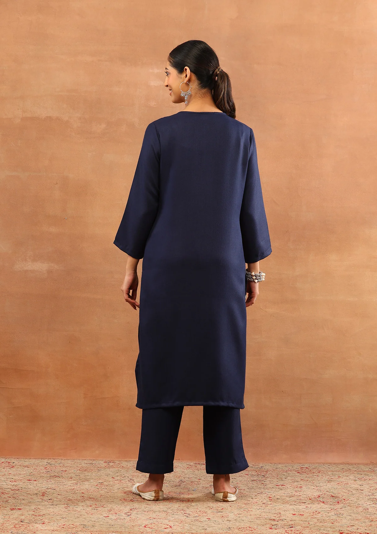 HOC Wool Aari Embroidered Solid Women's Long Kurta Set - Navy - Image 6