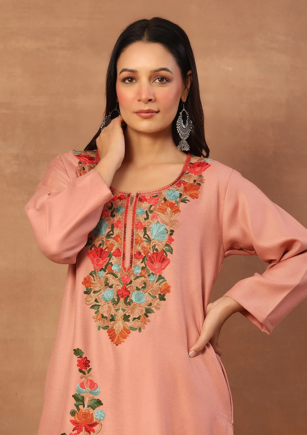 HOC Wool Aari Embroidered Solid Women's Long Kurta Set-Peach - Image 5