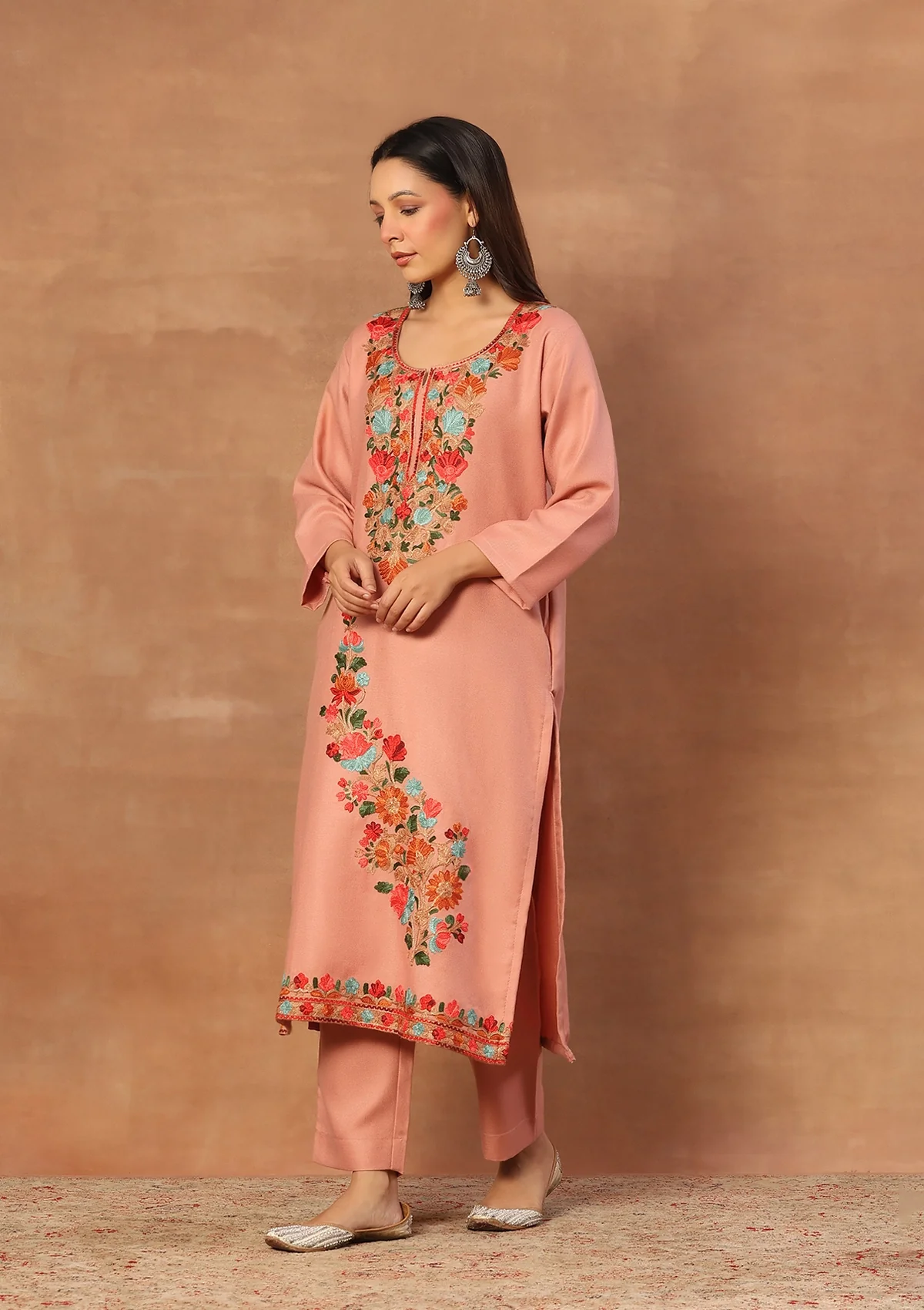 HOC Wool Aari Embroidered Solid Women's Long Kurta Set-Peach - Image 6