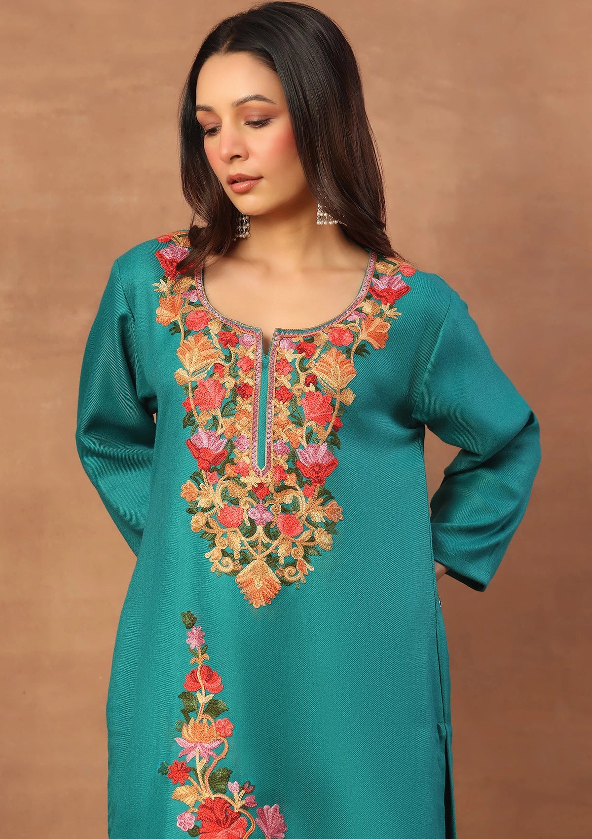 HOC Wool Aari Embroidered Solid Women's Long Kurta Set-Teal - Image 2