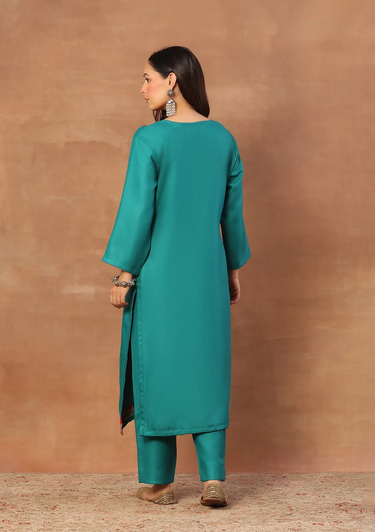 HOC Wool Aari Embroidered Solid Women's Long Kurta Set-Teal - Image 6