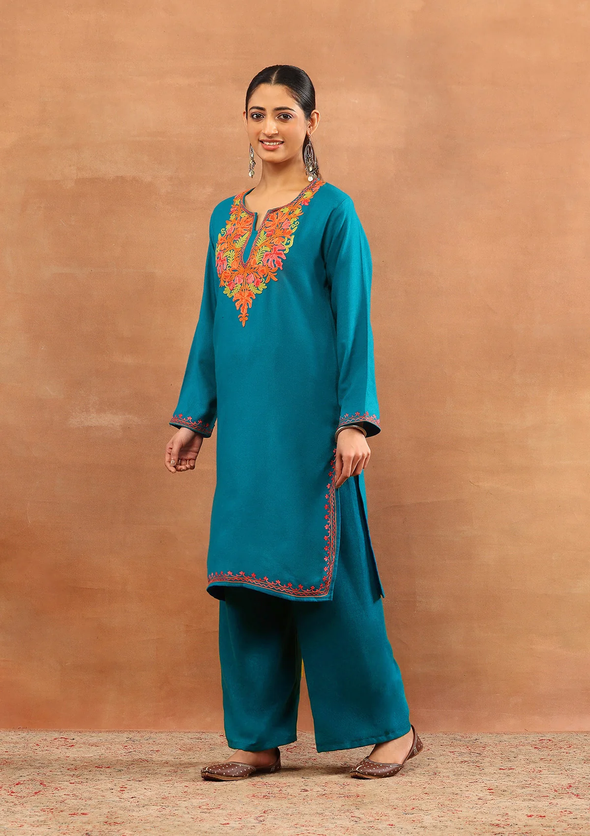HOC Wool Aari Embroidered Solid Women's Long Kurta - Teal - Image 2