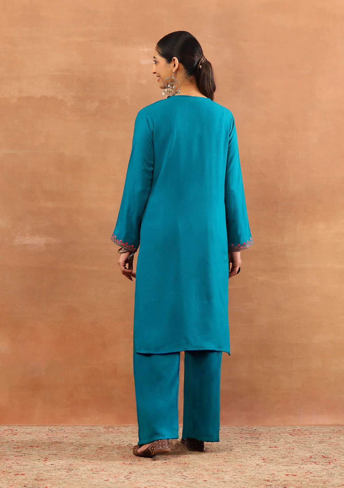 HOC Wool Aari Embroidered Solid Women's Long Kurta - Teal - Image 4