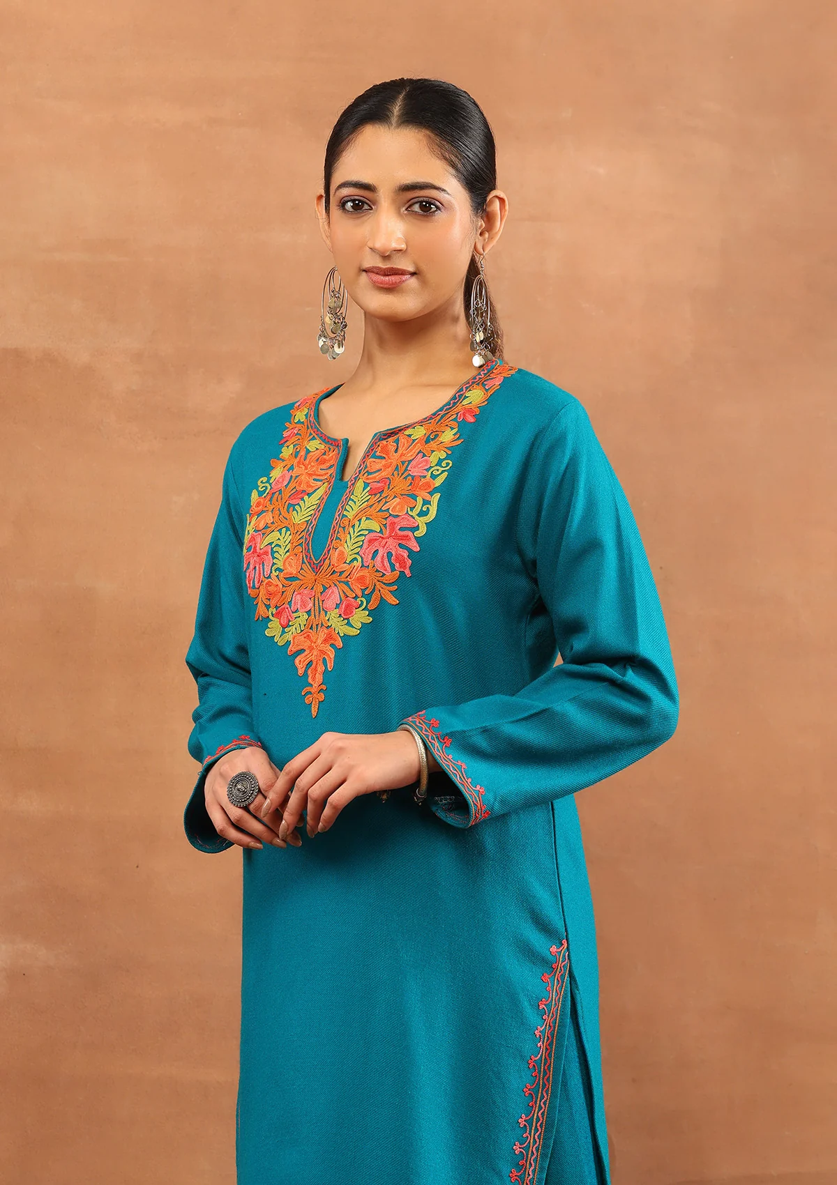 HOC Wool Aari Embroidered Solid Women's Long Kurta - Teal - Image 5