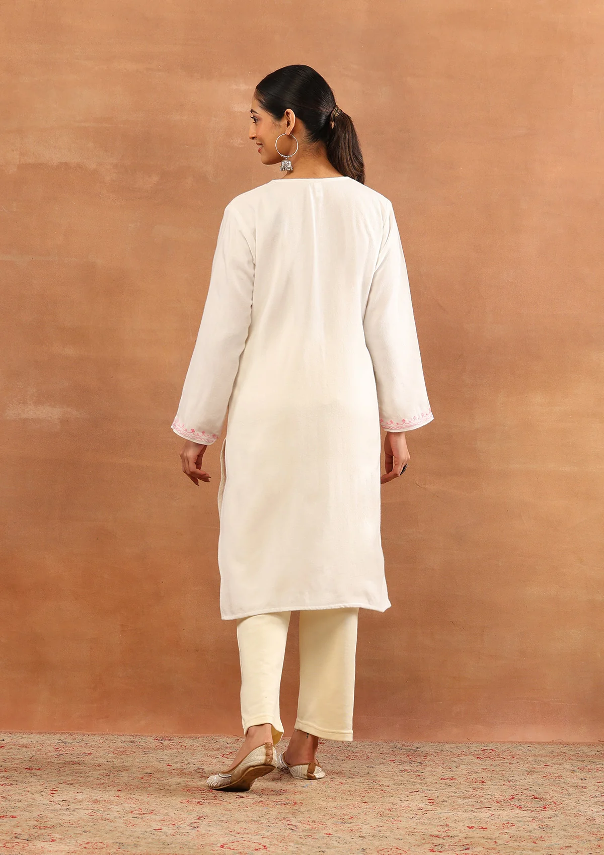 HOC Wool Aari Embroidered Solid Women's Long Kurta - White - Image 5