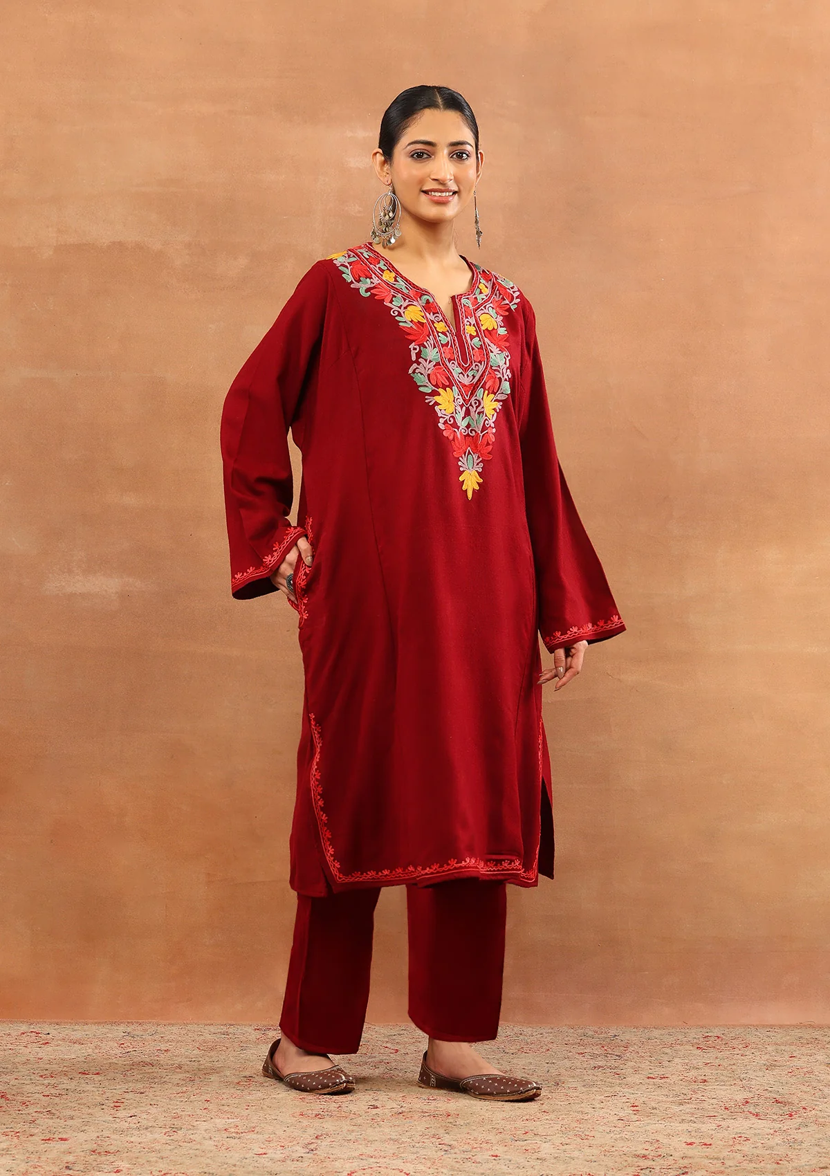 HOC Wool Aari Embroidered Solid Women's Long Phiran - Maroon - Image 4